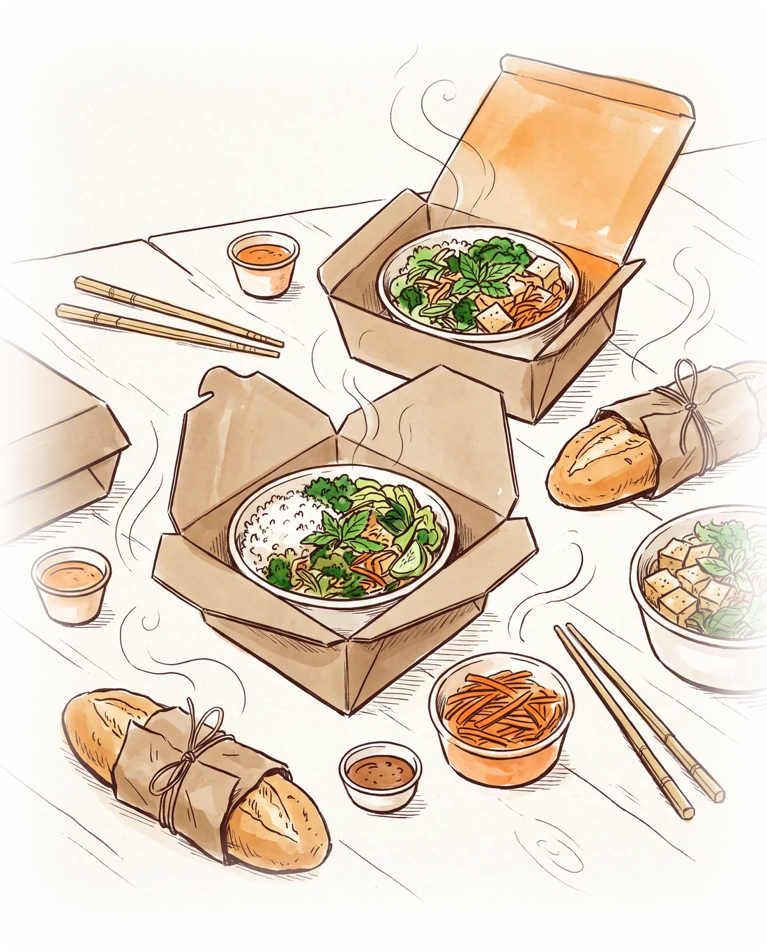 Illustration eines Humble-Office-Caterings: Kraftboxen mit Bowls, eingewickelte Bánh Mì, Saucen und Stäbchen